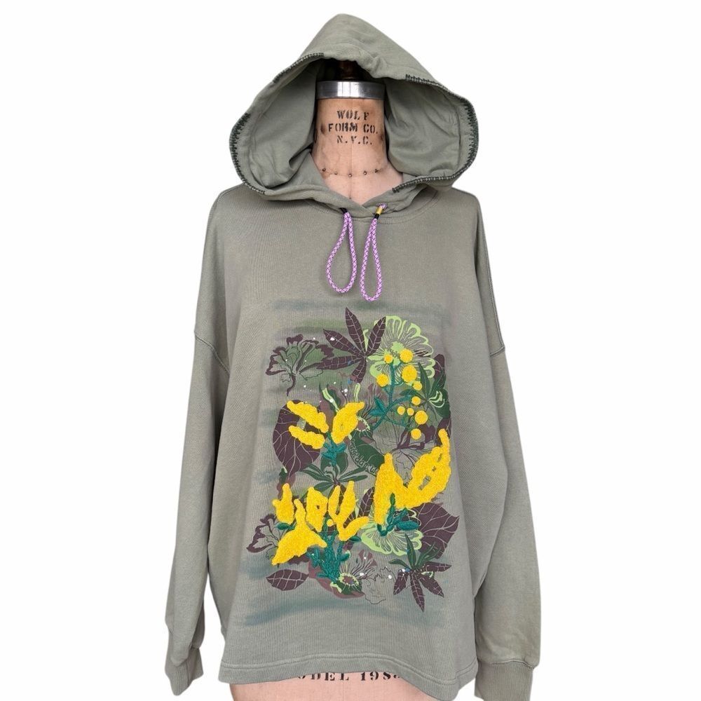 Scotch & Soda Olive Green Botanical Embroidered Hoodie Size XL